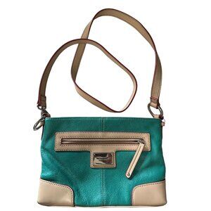 Tignanello teal tan leather multi compartment zip crossbody purse satin lining